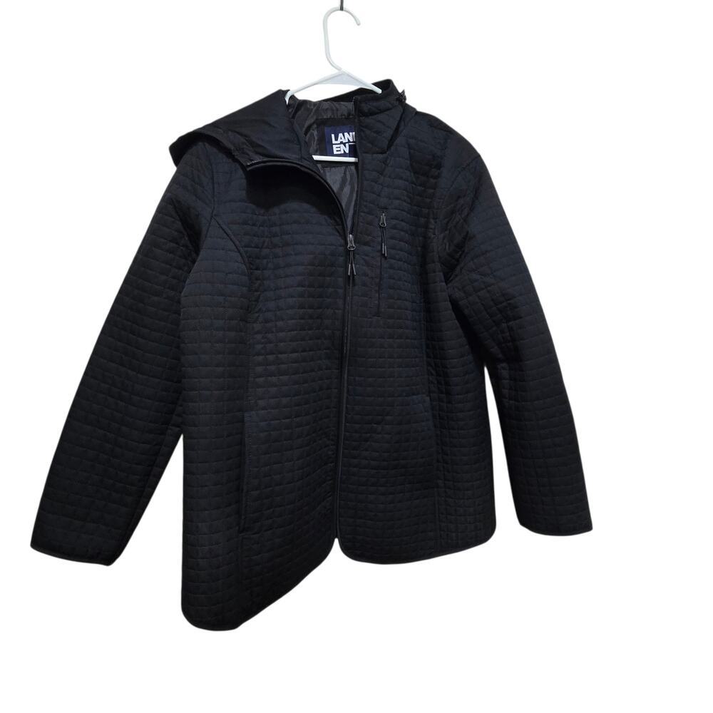 Lands’ End Quilted Hooded Zip Jacket Black Large Lightweight